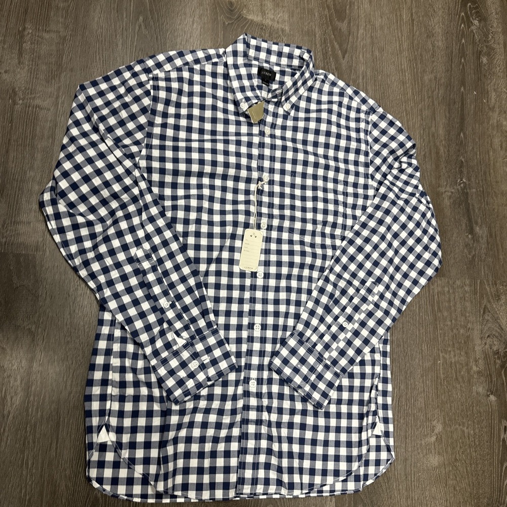J.Crew 2 Ply Cotton Slim Fit Button Down Shirt Mens S Blue White Gingham Check